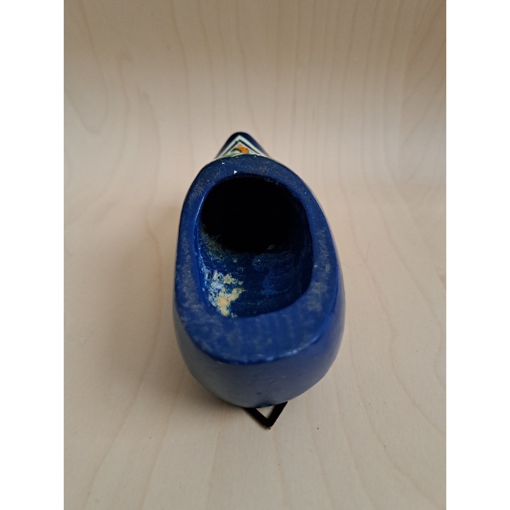 Vintage Hand Painted Wooden Dutch Clog Souvenir Navy Blue Windmill Floral Design - Picture 3 of 3
